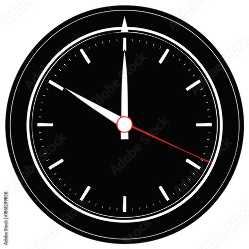Minimalist Black Clock Face with White Hour Minute Hands and Red Second Hand Icon Vector