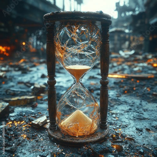 Broken hourglass sits in ash and ruins symbolizing lost time and forgotten places