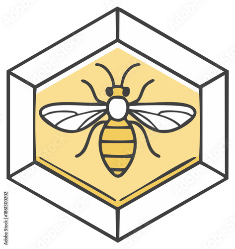 Bee design illustration in a honeycomb structure. Insect outline in geometrical style.