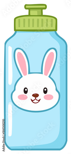 Blue childrens reusable drink bottle with a cute cartoon bunny face illustration