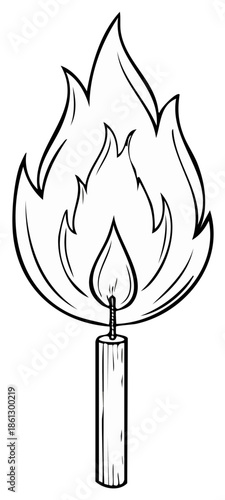 Illustration of a single lit candle with a bold flame and a long wick burning brightly