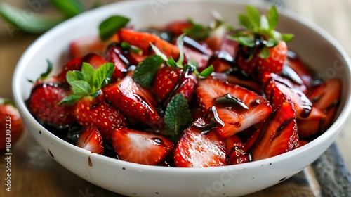 A bowl of fresh strawberries with a drizzle of balsamic glaze