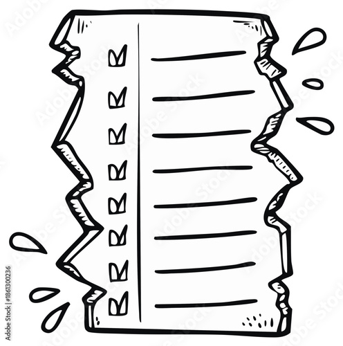 Hand drawn cartoon illustration of a torn checklist with checkmarks and empty lines depicting stress