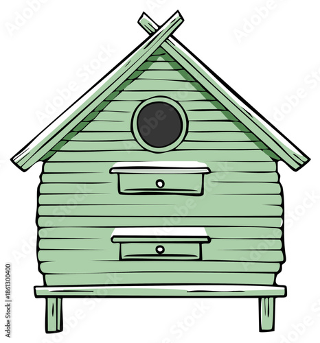 Illustrated green wooden birdhouse with a round entrance and snow covered perches in winter
