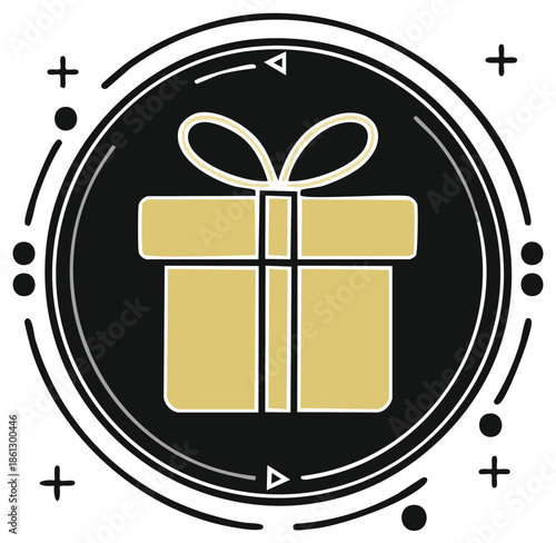 Golden Gift Box with Ribbon and Decorative Circular Frame