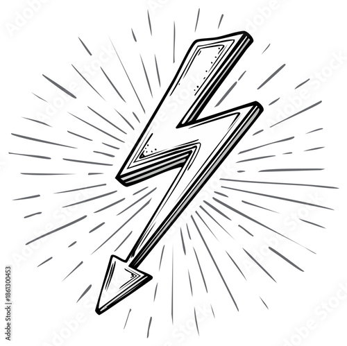 Hand drawn lightning bolt with burst energy strikes, storm power electric zap
