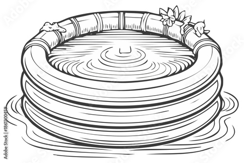 Traditional Japanese ofuro wooden hot tub with rippling water line art illustration