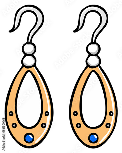 Cartoon illustration of two gold teardrop earrings with blue gemstones