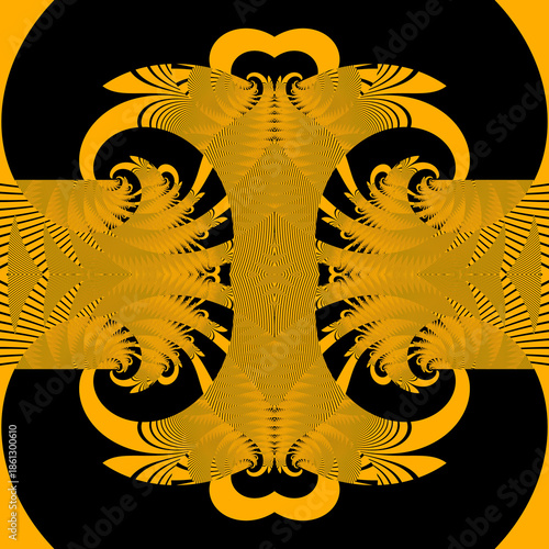 Abstract black and yellow background with decorative seamless fractal intricate pattern and subtle linear floral motifs.