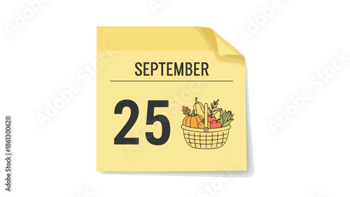 An illustrative depiction of a golden calendar page showing September 25 with a delightful harvest basket brimming with colorful seasonal produce