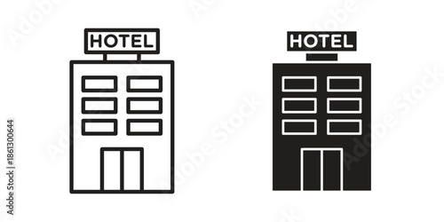 hotel icons in black glyph and liner versions for design.