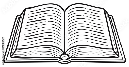 Open book black and white line art illustration. A simple vector icon for knowledge education reading and literature.