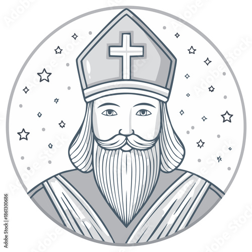 Religious figure with ornate hat and beard, framed by stars
