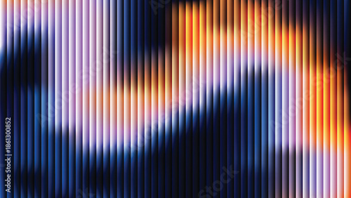 Glass ripple texture with dark gradient background and lilac light streaks. Futuristic distortion, moody abstract glow, reeded vertical blur. Vector illustration EPS