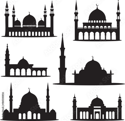 Collection of islamic mosque silhouettes in various architectural styles