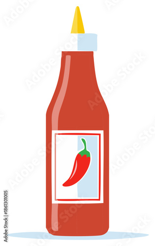 Red hot chili sauce bottle with yellow nozzle and pepper label illustration