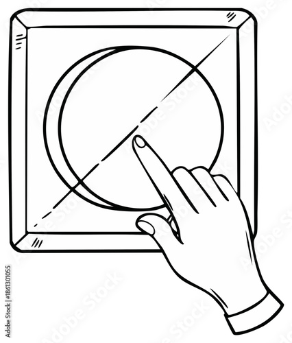 Hand pressing a blank round button set in a square, sketch style, finger touching diagonal line