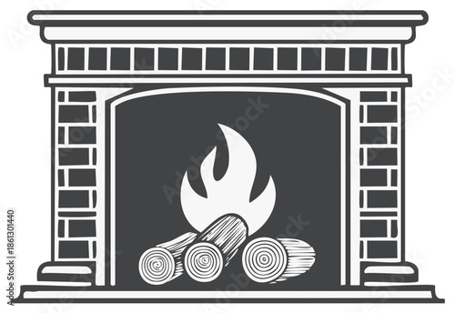 Cozy Hearth Fireplace with Burning Logs in a Classic Brick Mantel