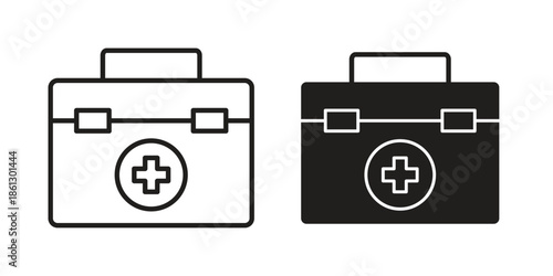 Medical kit icons in black glyph and liner versions for design.