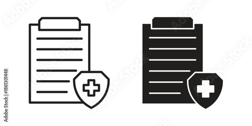 Medical insurance icons in black glyph and liner versions for design.