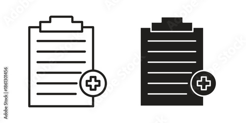 Medical report icons in black glyph and liner versions for design.
