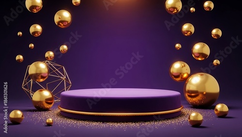 Luxurious purple podium with gold orbs and glitter