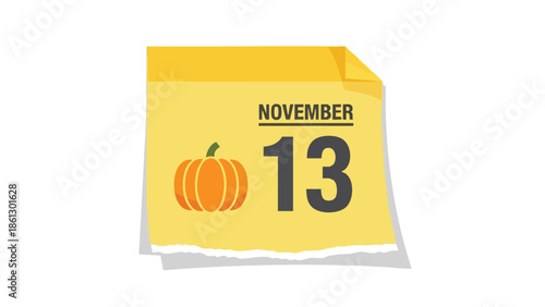 November 13th calendar icon with festive orange pumpkin. Autumn harvest date reminder. Vibrant fall season illustration for seasonal events and
