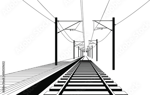 Train Tracks Perspective Vector Illustration, Black and White Railroad Line Art, Vanishing Point Railway Platform, Minimalist Monochromatic Transportation Graphic Design.