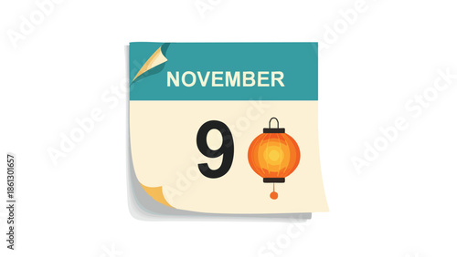 A vivid calendar illustration highlighting the ninth day of November, adorned with a traditional radiant festive lantern, symbolizing cultural