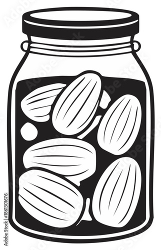 Jar of pickled cucumbers, preserved, illustration in black and white