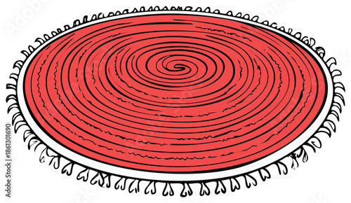 Circular Rug Illustration with Tassels and Swirling Pattern in Shades of Red