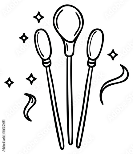 Black and white hand drawn illustration of three cosmetic applicators surrounded by stars.