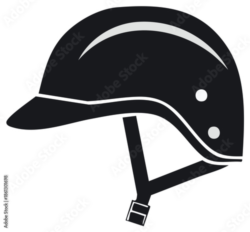 Black safety helmet graphic icon with chin strap and front visor