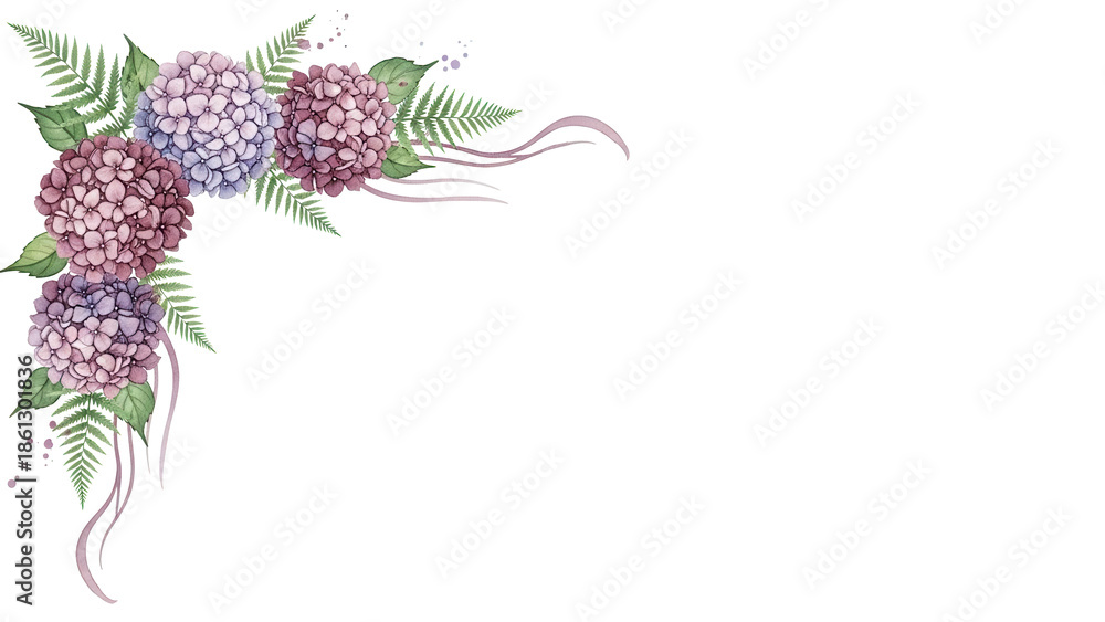 Hand painted elegant watercolor corner border featuring hydrangeas and fern in mauve tones isolated on white background