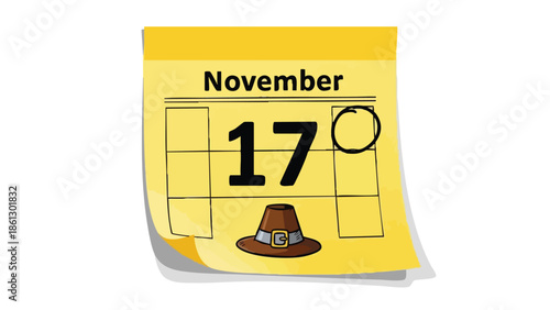 An autumnal calendar depiction showing November seventeenth accompanied by a historical pilgrim hat, evoking themes of seasonal celebration and
