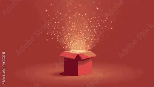 A captivating red gift box dramatically opening to release a dazzling explosion of golden light, symbolizing surprise, magic, and new possibilities