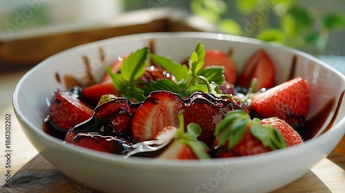 A bowl of fresh strawberries with a drizzle of balsamic glaze