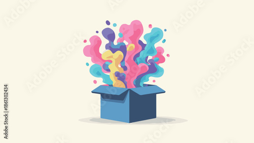 Explosion of Creativity Abstract Colors Bursting Out of an Open Blue Box, Minimalist Illustration