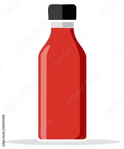 Cartoon-style illustration of a red bottle with black cap, food or condiment.