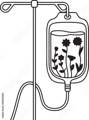 Floral Infusion outline vector, line art of a dialysis bag hanging on a pole, instead of liquid, delicate wildflowers linear