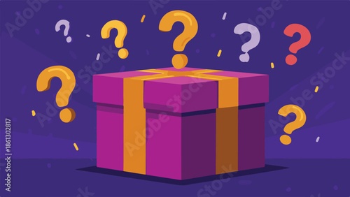 Unveiling the Surprise A Mystery Gift Box Surrounded by Question Marks, Evoking Excitement and Curiosity