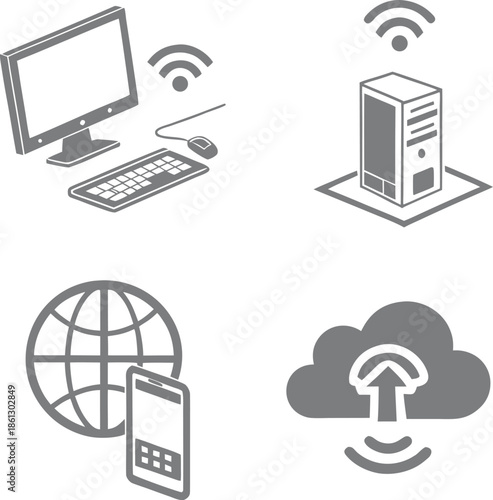 digital connectivity icons with computer server smartphone cloud and wifi signal in modern layout