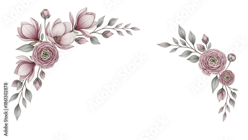 Hand painted elegant floral corner composition with magnolia and ranunculus in muted mauve tones isolated on white background