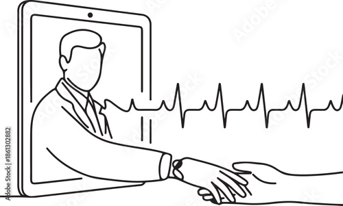 Continuous line drawing telemedicine line art vector, doctor checking virtual pulse rate on patient outline