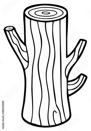 Outline illustration of a tree stump isolated on white. Line drawing of cut trunk with small branch stubs for children's coloring book.