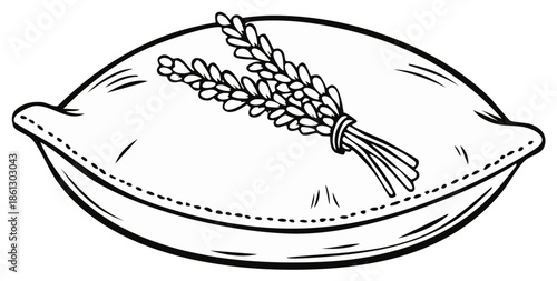 Line art illustration of a lavender sachet with aromatic sprigs for relaxation