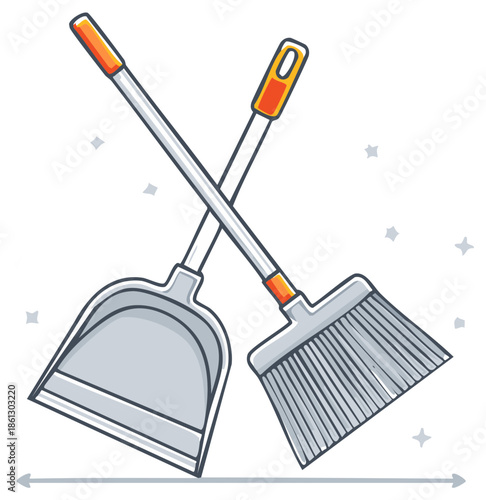 Crossed broom and dustpan cartoon illustration
