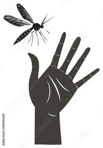Silhouette illustration of a hand reaching for a flying insect