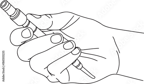 Hand machine connection outline vector, hand gently holding line art, emphasizing care and hygiene, home dialysis linear