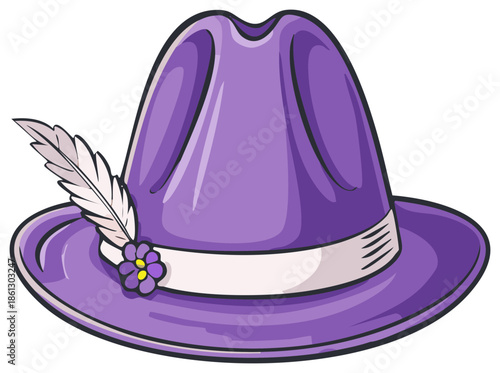 Cartoon purple hat with feather and flower, traditional alpine felt hat, decoration with plume and blossom, vector illustration